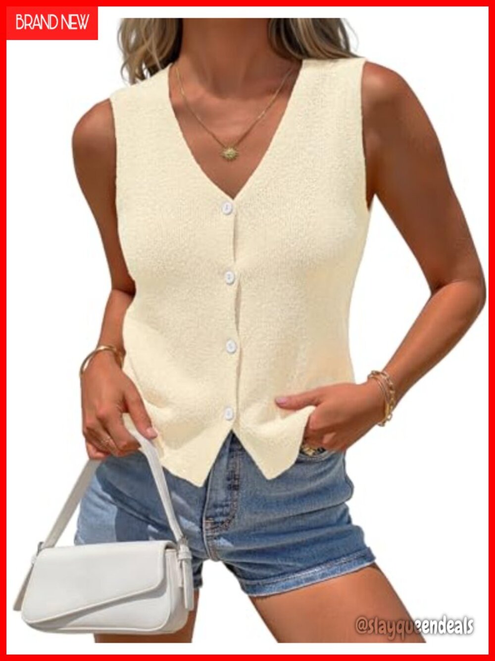 Sleeveless Knit Sweater Vest V-Neck Button Front Asymmetrical Hem